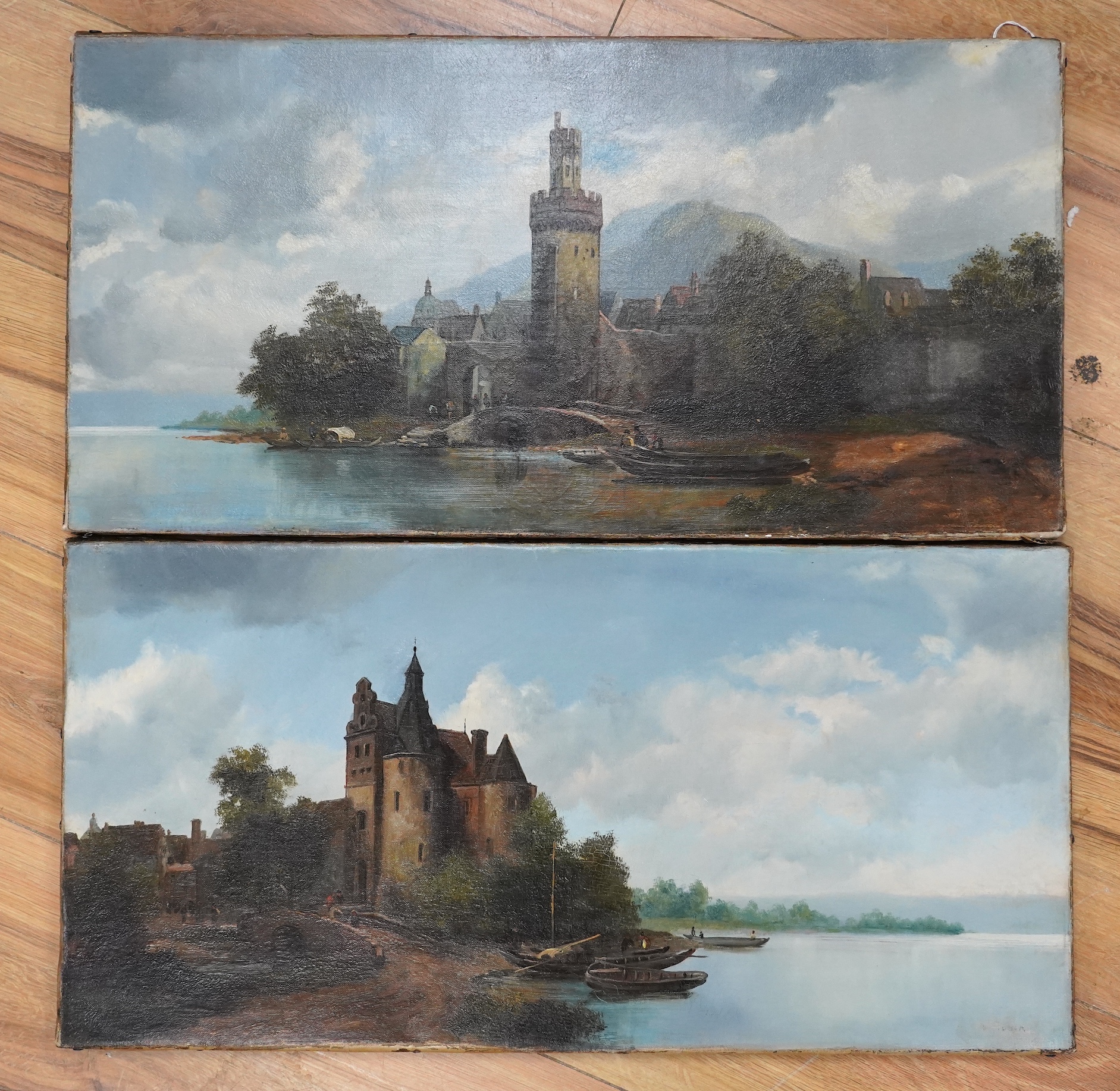 Late 19th century Continental School, pair of oils on canvas, Lakeside landscapes with villages, 31 x 61cm, unframed